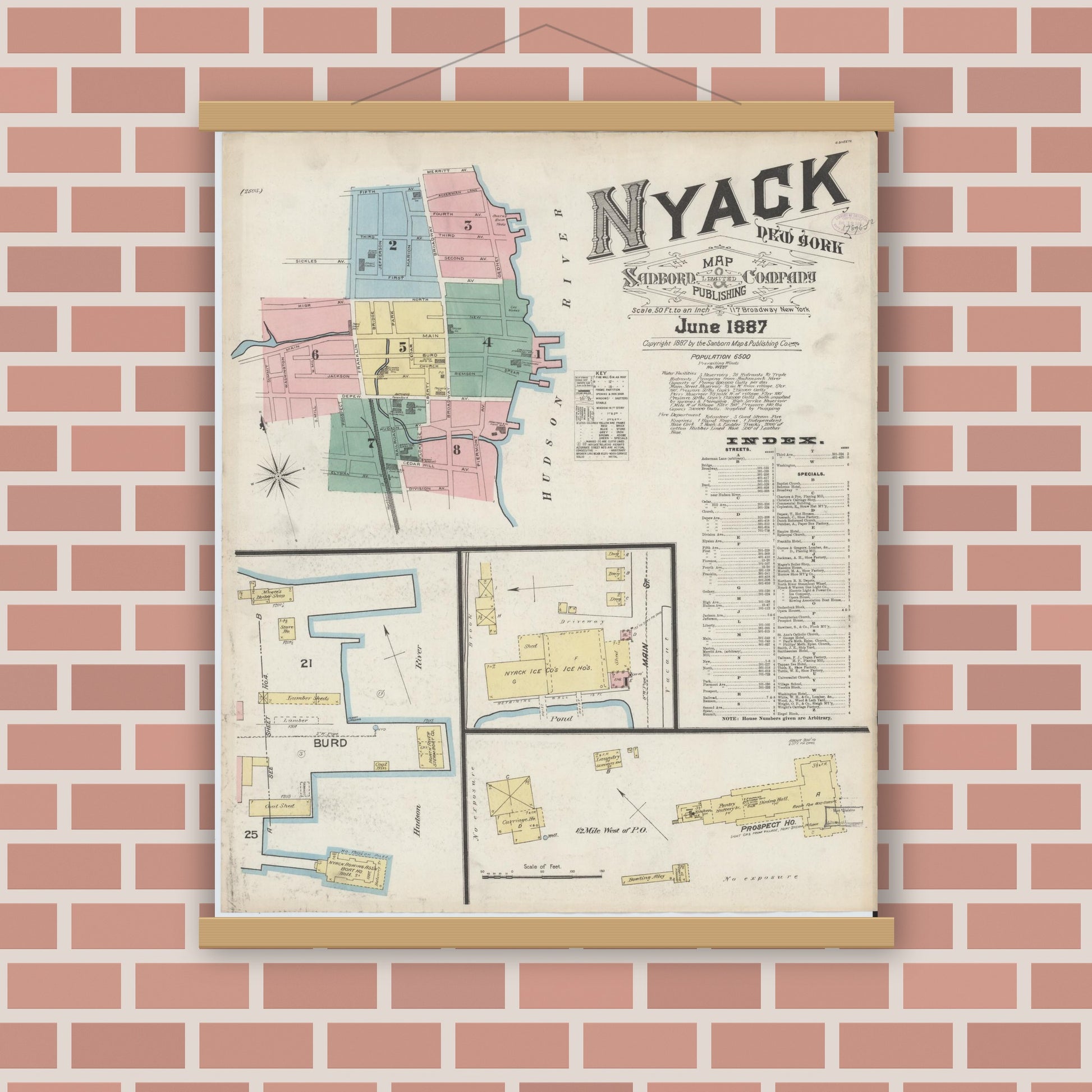 Old map wall art mockup — magnetic wood frame on brick wall — Sanborn Fire Insurance Map from Nyack, Rockland County, New York. (1887), Sheet #0000