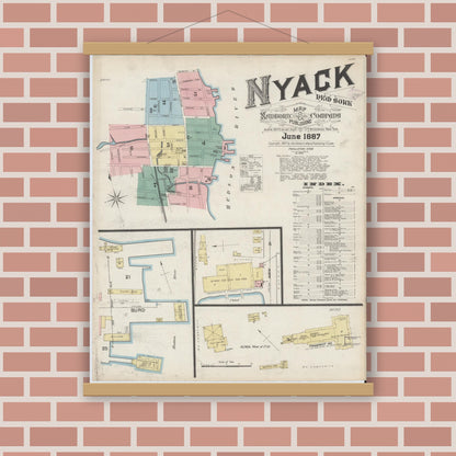 Old map wall art mockup — magnetic wood frame on brick wall — Sanborn Fire Insurance Map from Nyack, Rockland County, New York. (1887), Sheet #0000