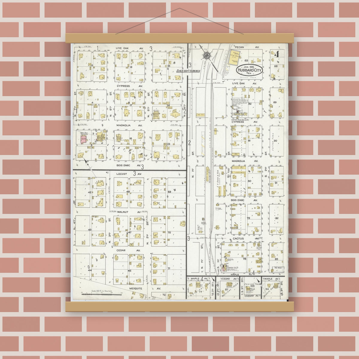Old map wall art mockup — magnetic wood frame on brick wall — Sanborn Fire Insurance Map from Hubbard, Hill County, Texas (1916), Sheet #0004
