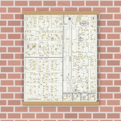 Old map wall art mockup — magnetic wood frame on brick wall — Sanborn Fire Insurance Map from Hubbard, Hill County, Texas (1916), Sheet #0004