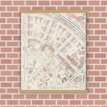 Old map wall art mockup — magnetic wood frame on brick wall — Sanborn Fire Insurance Map from Chicopee, Hampden County, Massachusetts (1885), Sheet #0004