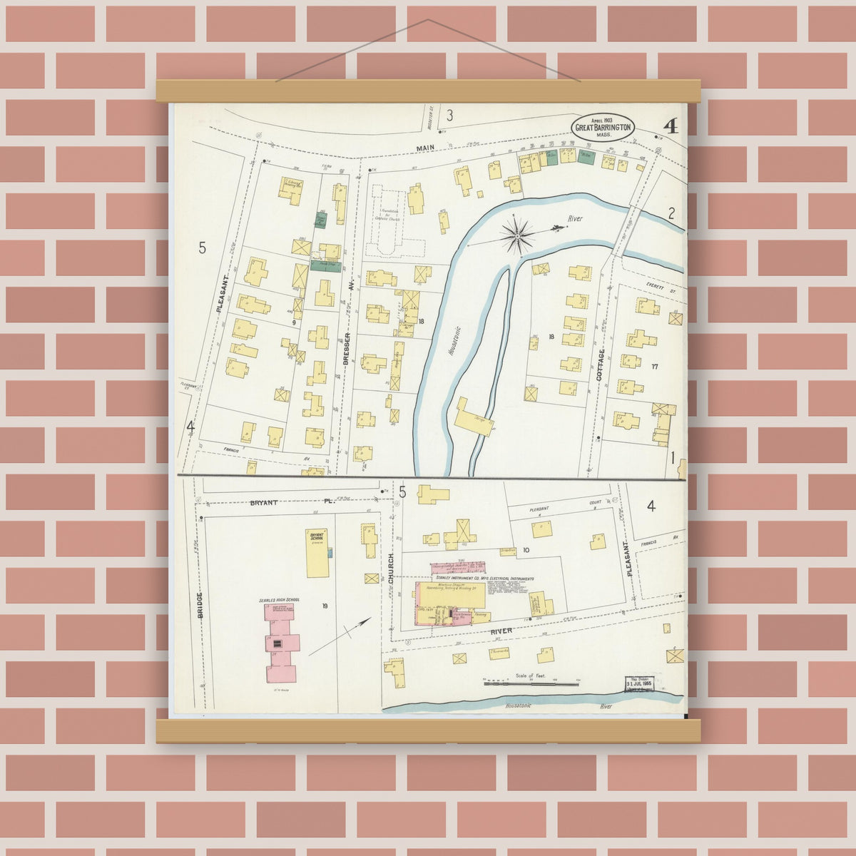 Old map wall art mockup — magnetic wood frame on brick wall — Sanborn Fire Insurance Map from Great Barrington, Berkshire County, Massachusetts (1903), Sheet #0004