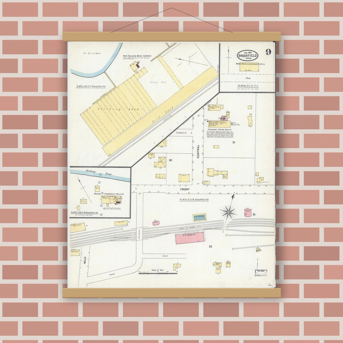 Old map wall art mockup — magnetic wood frame on brick wall — Sanborn Fire Insurance Map from Brookfield, Worcester County, Massachusetts (1904), Sheet #0009