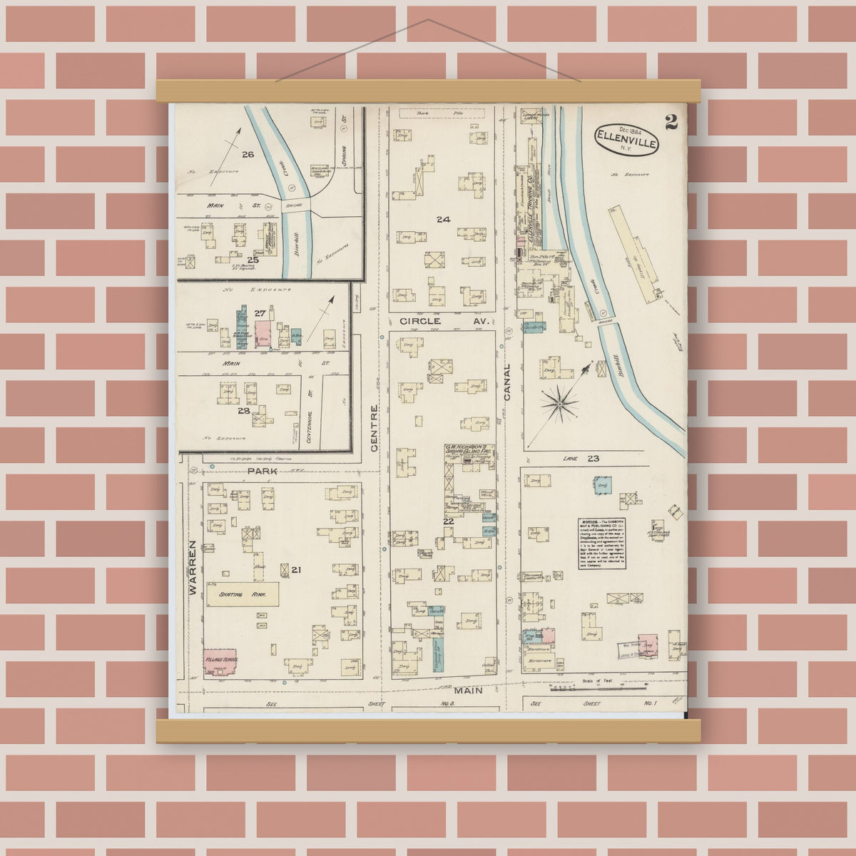 Old map wall art mockup — magnetic wood frame on brick wall — Sanborn Fire Insurance Map from Ellenville, Ulster County, New York (1884), Sheet #0002