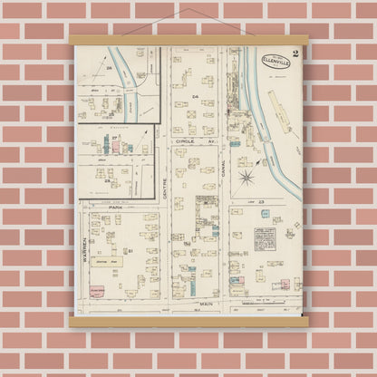 Old map wall art mockup — magnetic wood frame on brick wall — Sanborn Fire Insurance Map from Ellenville, Ulster County, New York (1884), Sheet #0002