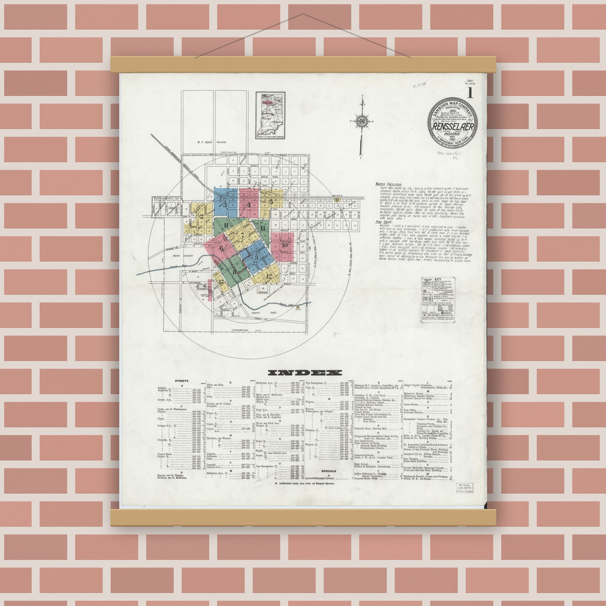 Old map wall art mockup — magnetic wood frame on brick wall — Sanborn Fire Insurance Map from Rensselaer, Jasper County, Indiana (1921), Sheet #0001