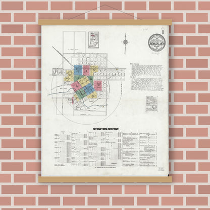 Old map wall art mockup — magnetic wood frame on brick wall — Sanborn Fire Insurance Map from Rensselaer, Jasper County, Indiana (1921), Sheet #0001