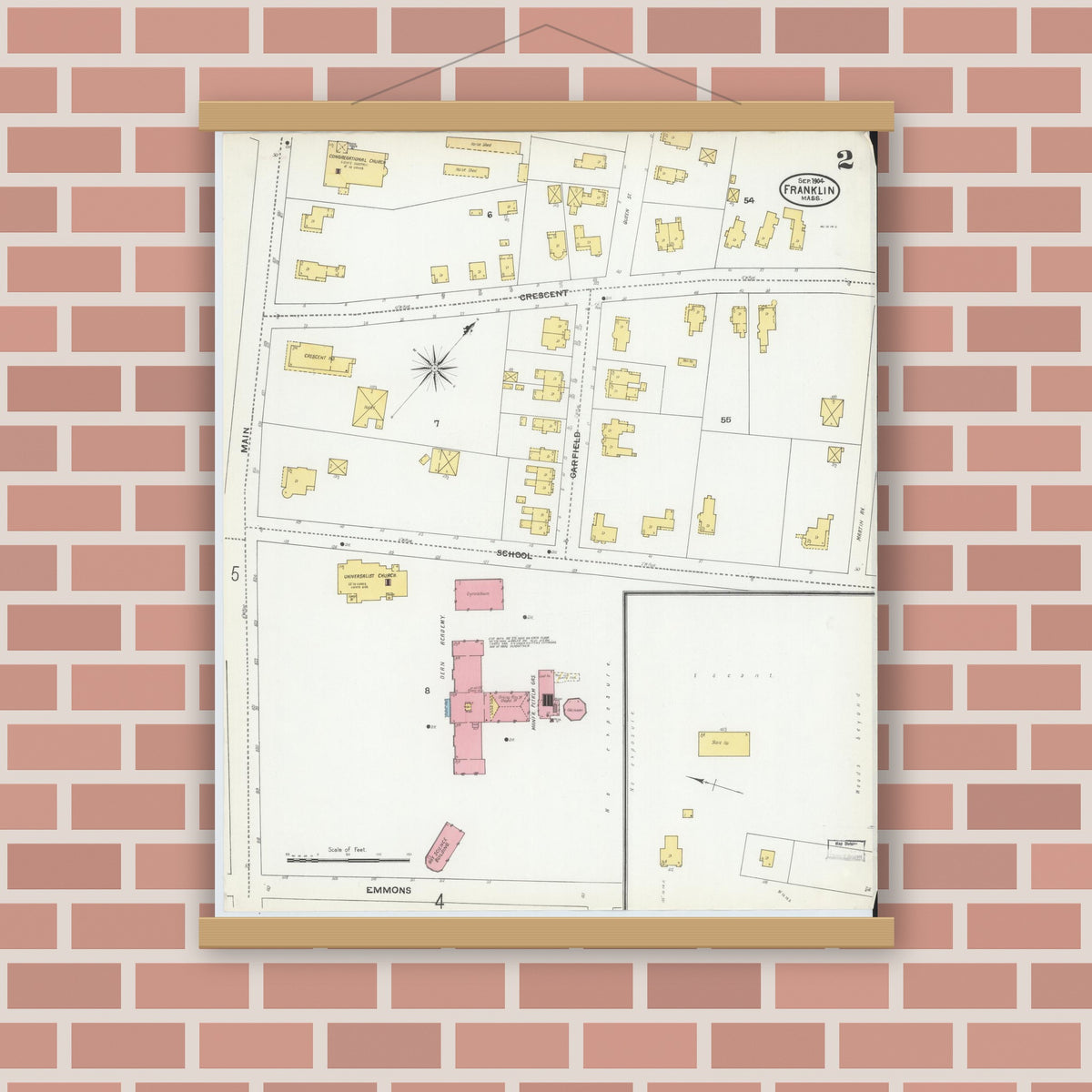 Old map wall art mockup — magnetic wood frame on brick wall — Sanborn Fire Insurance Map from Franklin, Norfolk County, Massachusetts (1904), Sheet #0002