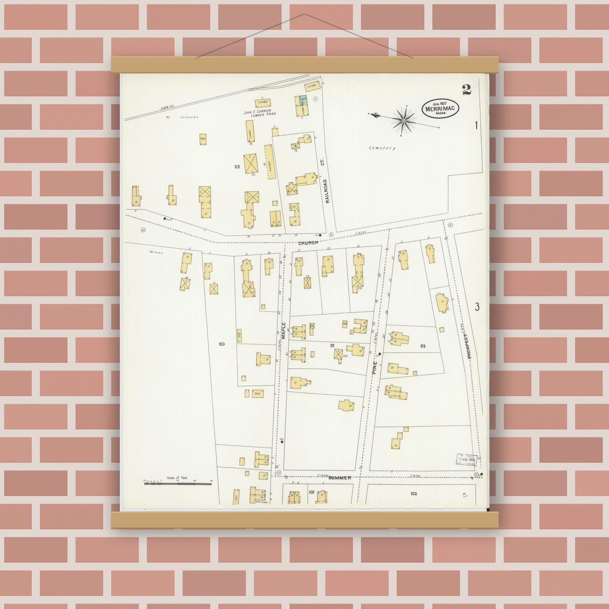 Old map wall art mockup — magnetic wood frame on brick wall — Sanborn Fire Insurance Map from Merrimac, Essex County, Massachusetts (1907), Sheet #0002