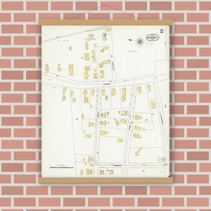 Old map wall art mockup — magnetic wood frame on brick wall — Sanborn Fire Insurance Map from Merrimac, Essex County, Massachusetts (1907), Sheet #0002