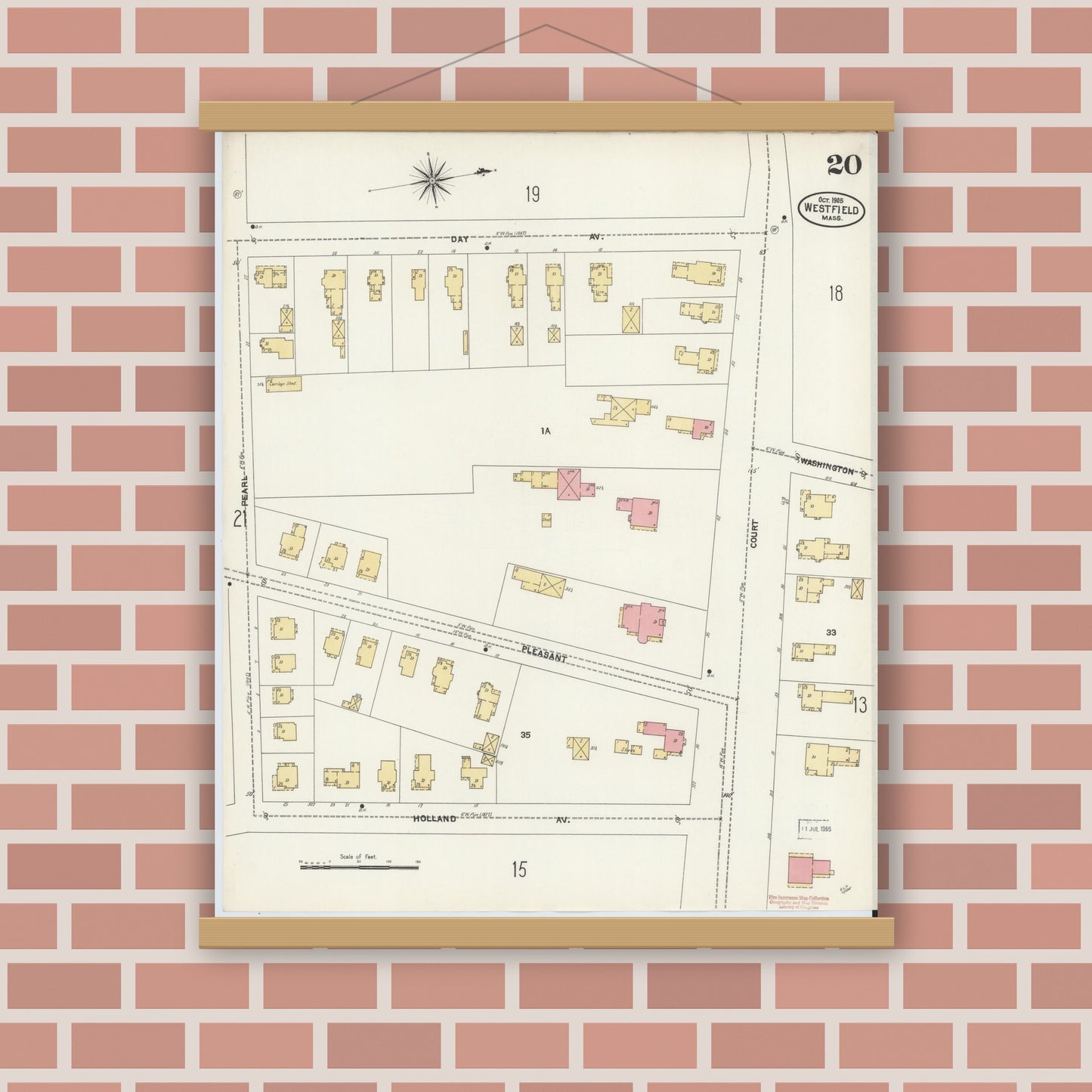 Old map wall art mockup — magnetic wood frame on brick wall — Sanborn Fire Insurance Map from Westfield, Hampden County, Massachusetts (1905), Sheet #0020