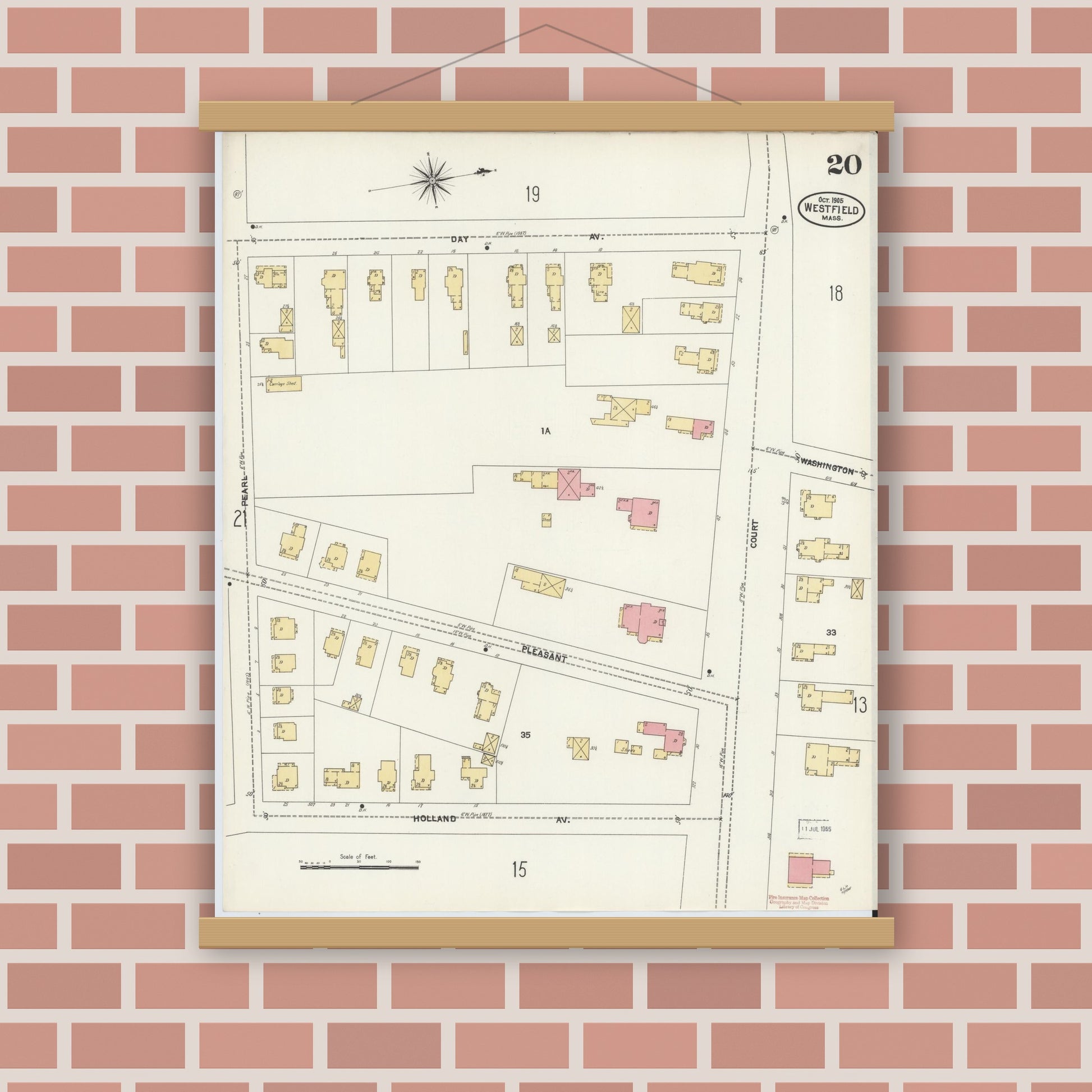 Old map wall art mockup — magnetic wood frame on brick wall — Sanborn Fire Insurance Map from Westfield, Hampden County, Massachusetts (1905), Sheet #0020