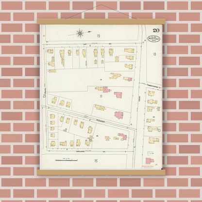 Old map wall art mockup — magnetic wood frame on brick wall — Sanborn Fire Insurance Map from Westfield, Hampden County, Massachusetts (1905), Sheet #0020