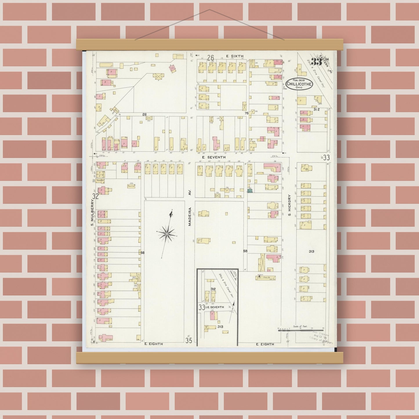 Old map wall art mockup — magnetic wood frame on brick wall — Sanborn Fire Insurance Map from Chillicothe, Ross County, Ohio (1909), Sheet #0033
