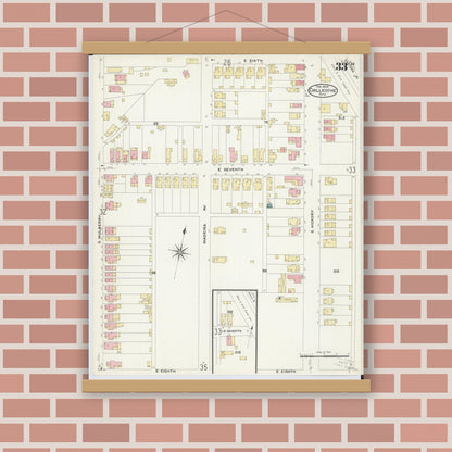 Old map wall art mockup — magnetic wood frame on brick wall — Sanborn Fire Insurance Map from Chillicothe, Ross County, Ohio (1909), Sheet #0033