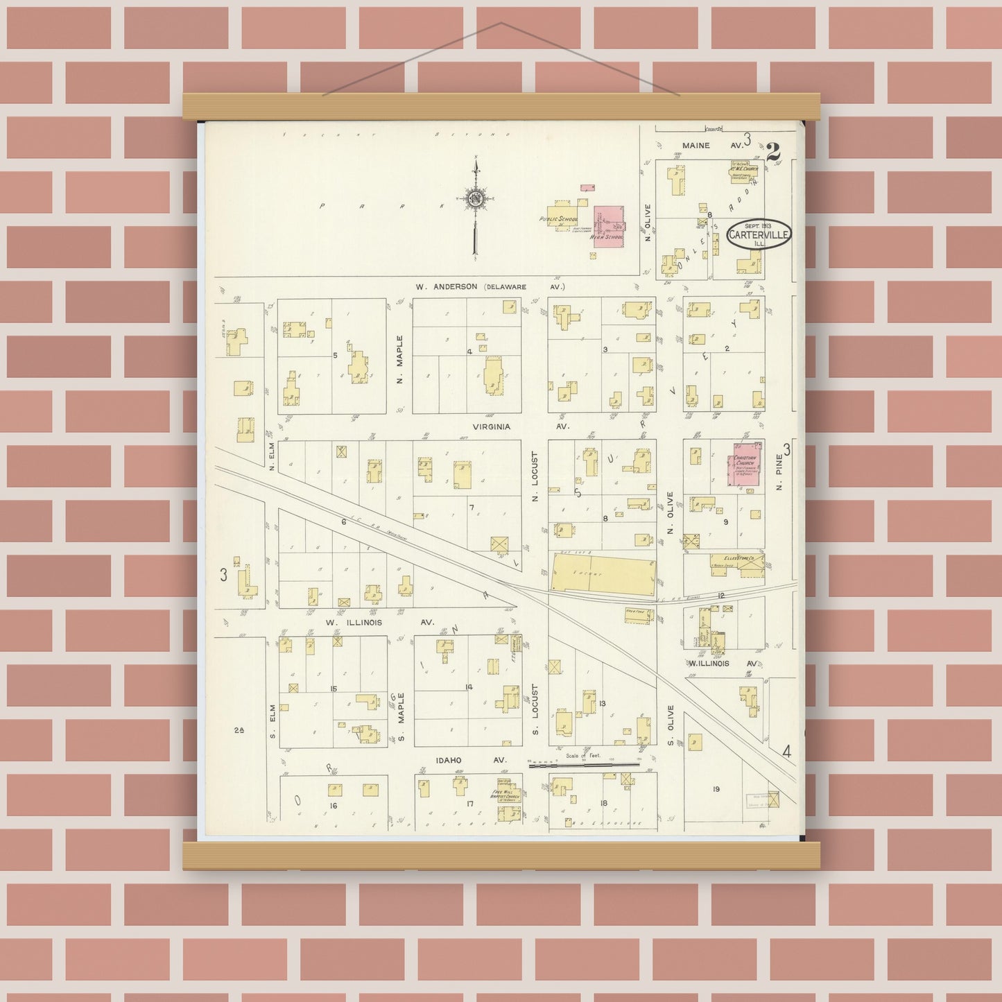 Old map wall art mockup — magnetic wood frame on brick wall — Sanborn Fire Insurance Map from Carterville, Williamson County, Illinois (1913), Sheet #0002