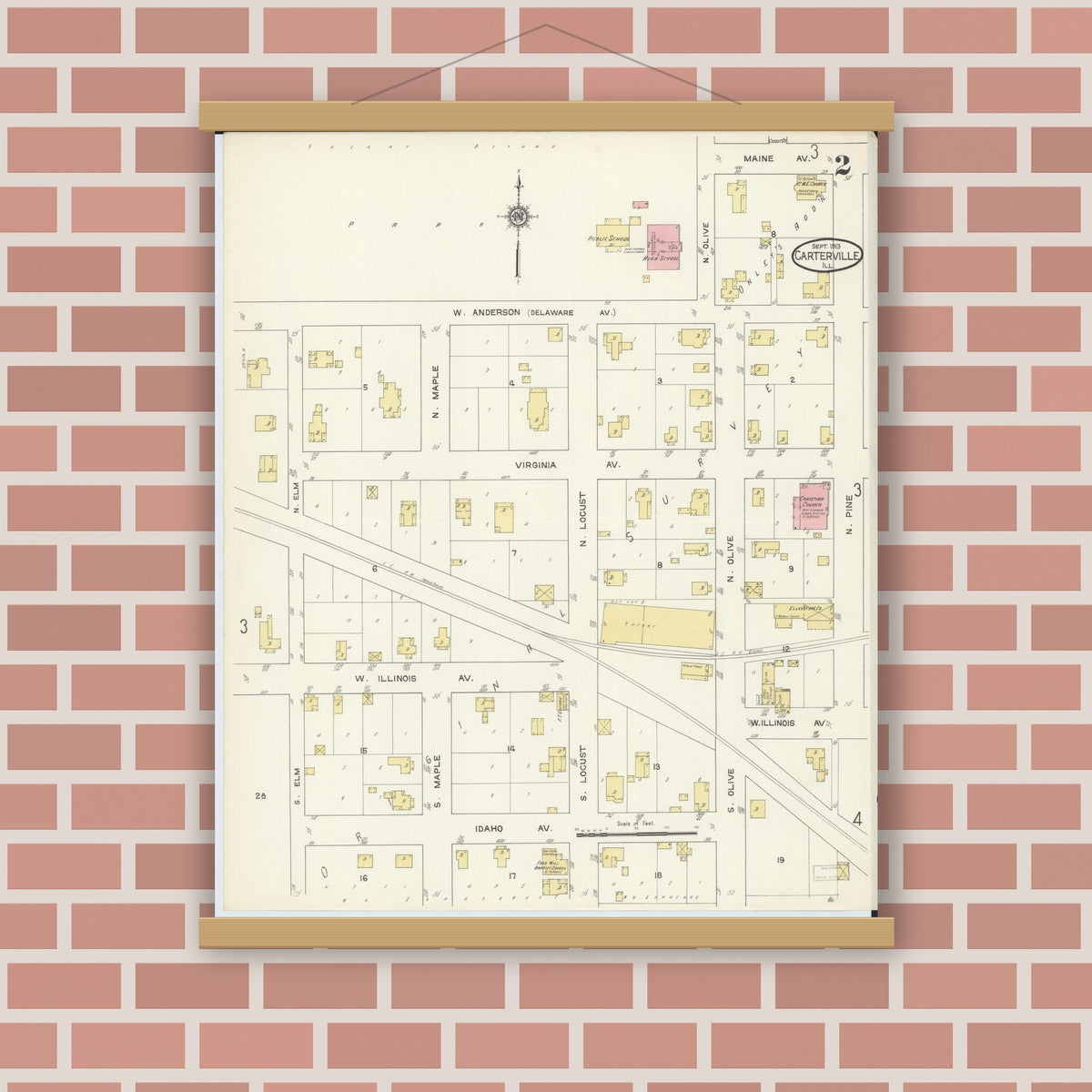 Old map wall art mockup — magnetic wood frame on brick wall — Sanborn Fire Insurance Map from Carterville, Williamson County, Illinois (1913), Sheet #0002
