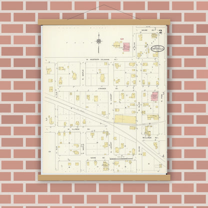 Old map wall art mockup — magnetic wood frame on brick wall — Sanborn Fire Insurance Map from Carterville, Williamson County, Illinois (1913), Sheet #0002