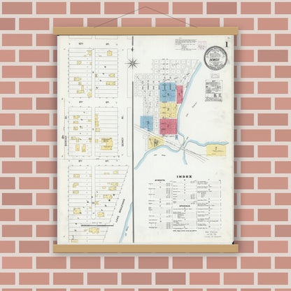 Old map wall art mockup — magnetic wood frame on brick wall — Sanborn Fire Insurance Map from Bemidji, Beltrami County, Minnesota (1904) - Complete Map Set