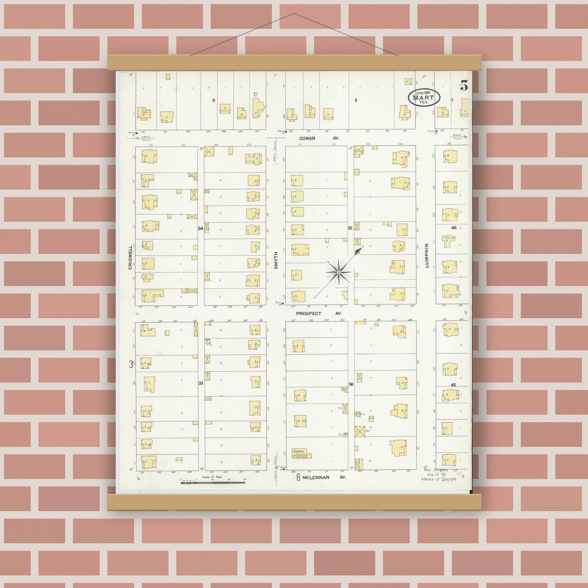 Old map wall art mockup — magnetic wood frame on brick wall — Sanborn Fire Insurance Map from Mart, McLennan County, Texas (1909), Sheet #0005