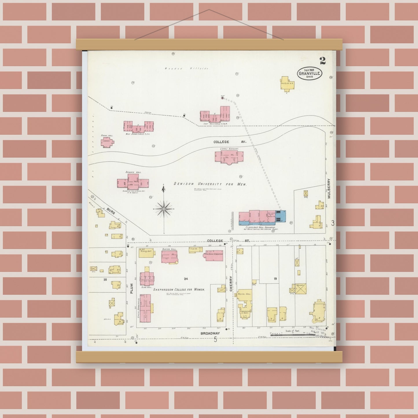Old map wall art mockup — magnetic wood frame on brick wall — Sanborn Fire Insurance Map from Granville, Licking County, Ohio (1905), Sheet #0002
