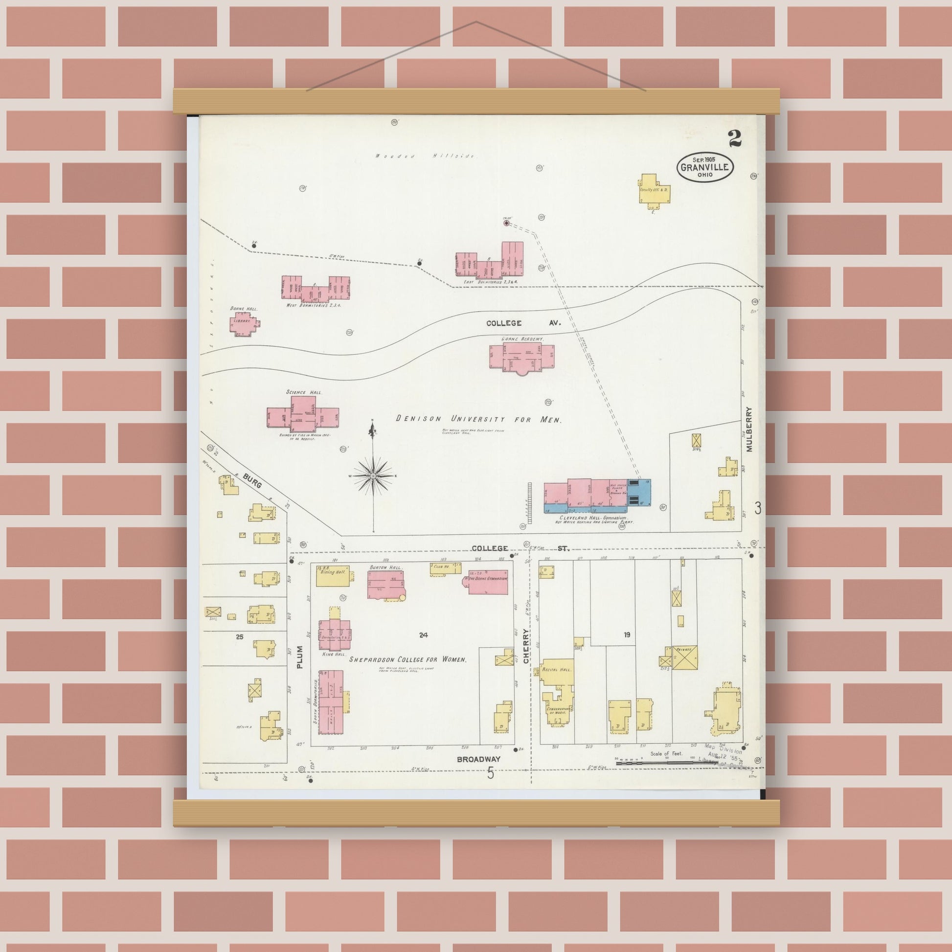 Old map wall art mockup — magnetic wood frame on brick wall — Sanborn Fire Insurance Map from Granville, Licking County, Ohio (1905), Sheet #0002