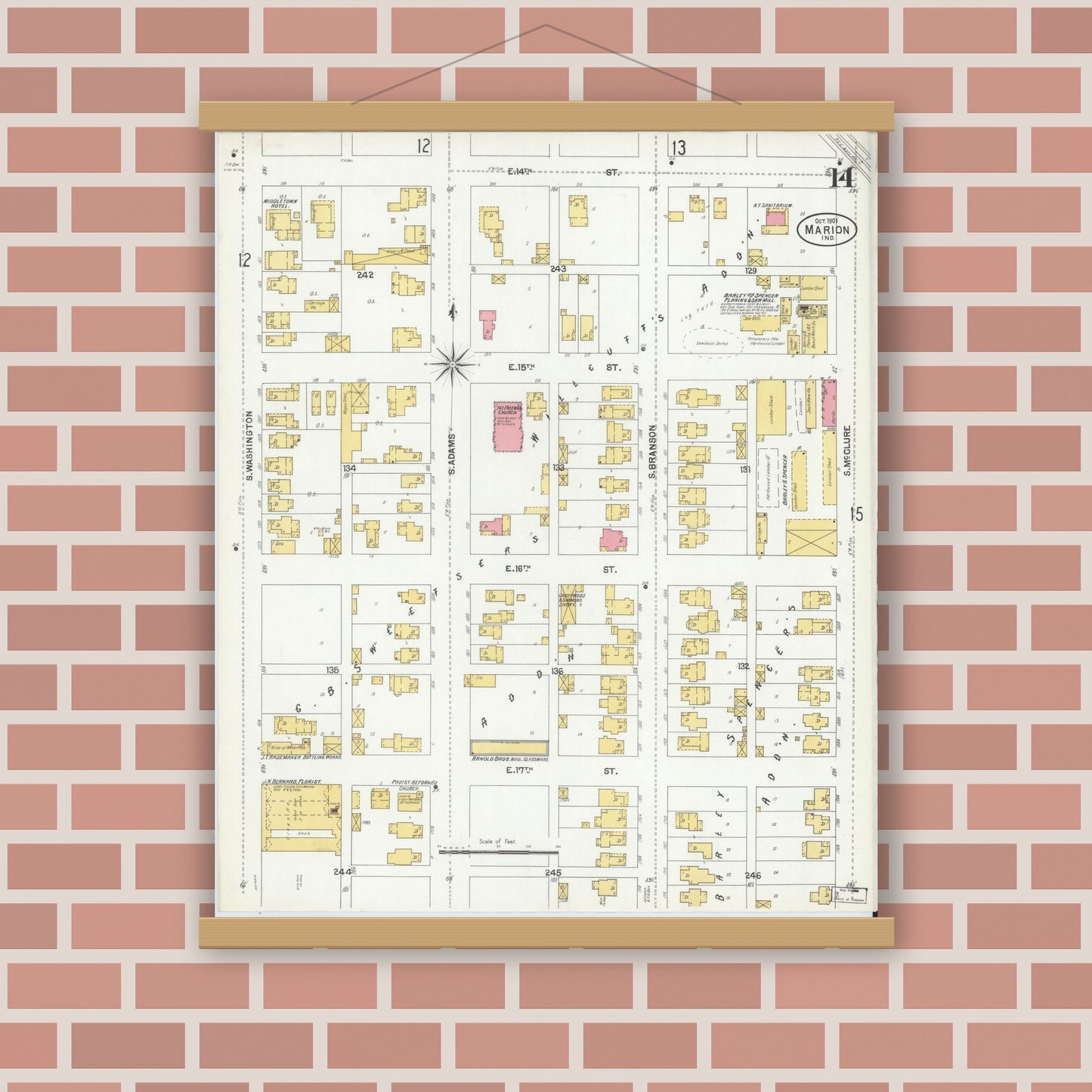 Old map wall art mockup — magnetic wood frame on brick wall — Sanborn Fire Insurance Map from Marion, Grant County, Indiana (1901), Sheet #0014