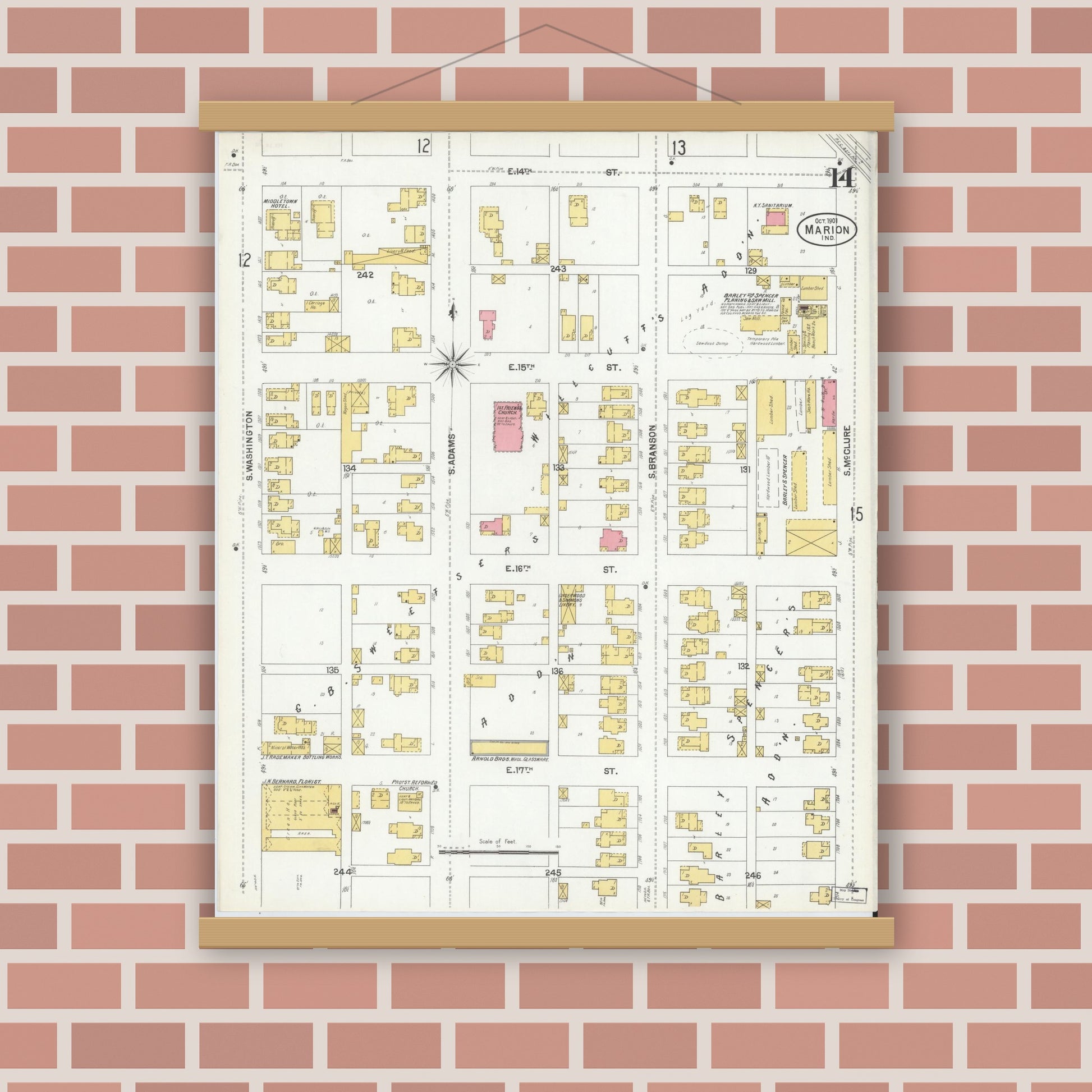 Old map wall art mockup — magnetic wood frame on brick wall — Sanborn Fire Insurance Map from Marion, Grant County, Indiana (1901), Sheet #0014