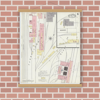 Old map wall art mockup — magnetic wood frame on brick wall — Sanborn Fire Insurance Map from Steelton, Dauphin County, Pennsylvania (1890), Sheet #0003