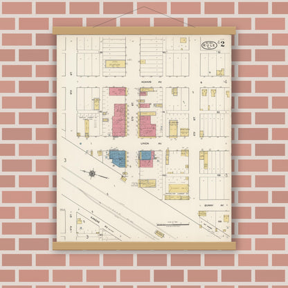 Old map wall art mockup — magnetic wood frame on brick wall — Sanborn Fire Insurance Map from Rule, Haskell County, Texas (1922), Sheet #0002