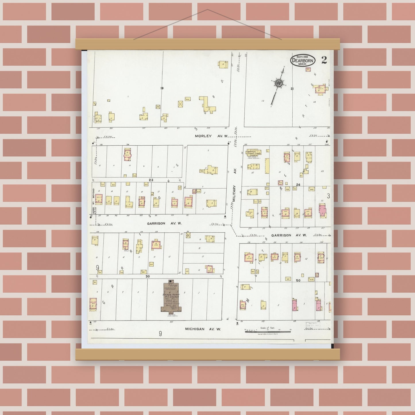 Old map wall art mockup — magnetic wood frame on brick wall — Sanborn Fire Insurance Map from Dearborn, Wayne County, Michigan (1919), Sheet #0002