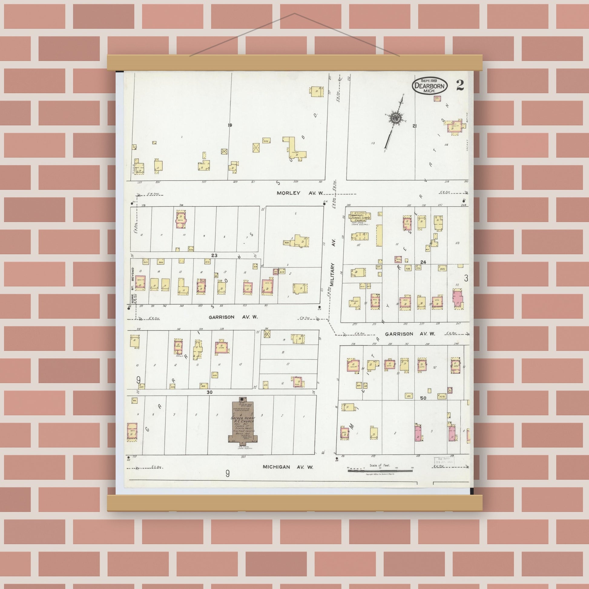 Old map wall art mockup — magnetic wood frame on brick wall — Sanborn Fire Insurance Map from Dearborn, Wayne County, Michigan (1919), Sheet #0002