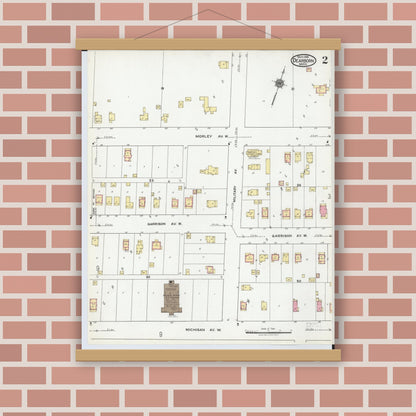 Old map wall art mockup — magnetic wood frame on brick wall — Sanborn Fire Insurance Map from Dearborn, Wayne County, Michigan (1919), Sheet #0002