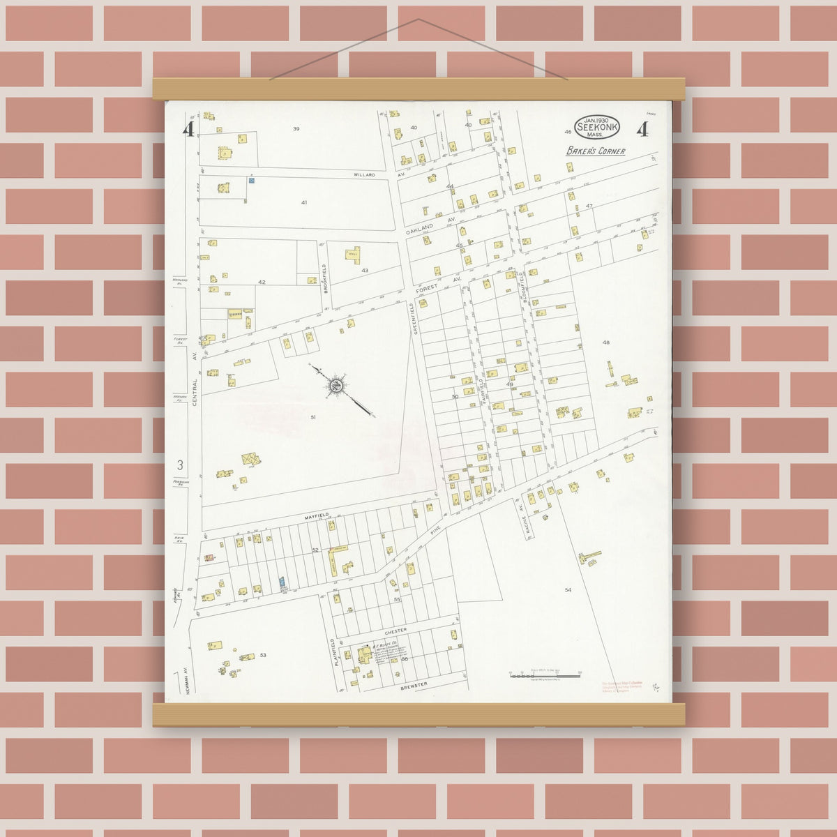 Old map wall art mockup — magnetic wood frame on brick wall — Sanborn Fire Insurance Map from Seekonk, Bristol County, Massachusetts (1930), Sheet #0004