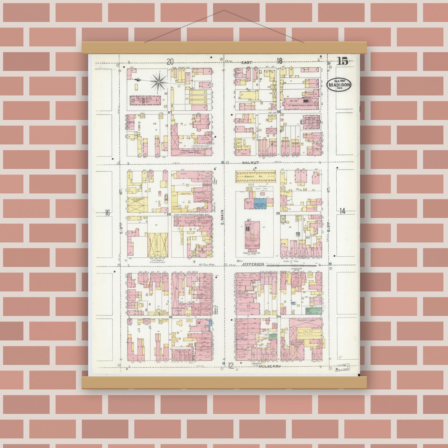 Old map wall art mockup — magnetic wood frame on brick wall — Sanborn Fire Insurance Map from Madison, Jefferson County, Indiana (1904), Sheet #0015