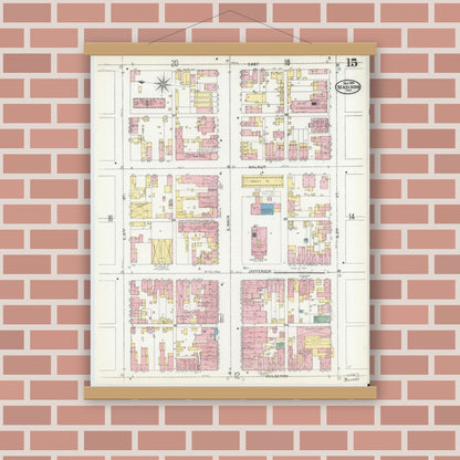 Old map wall art mockup — magnetic wood frame on brick wall — Sanborn Fire Insurance Map from Madison, Jefferson County, Indiana (1904), Sheet #0015