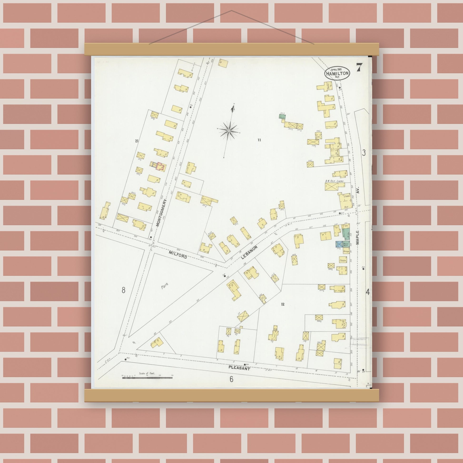 Old map wall art mockup — magnetic wood frame on brick wall — Sanborn Fire Insurance Map from Hamilton, Madison County, New York (1901), Sheet #0007