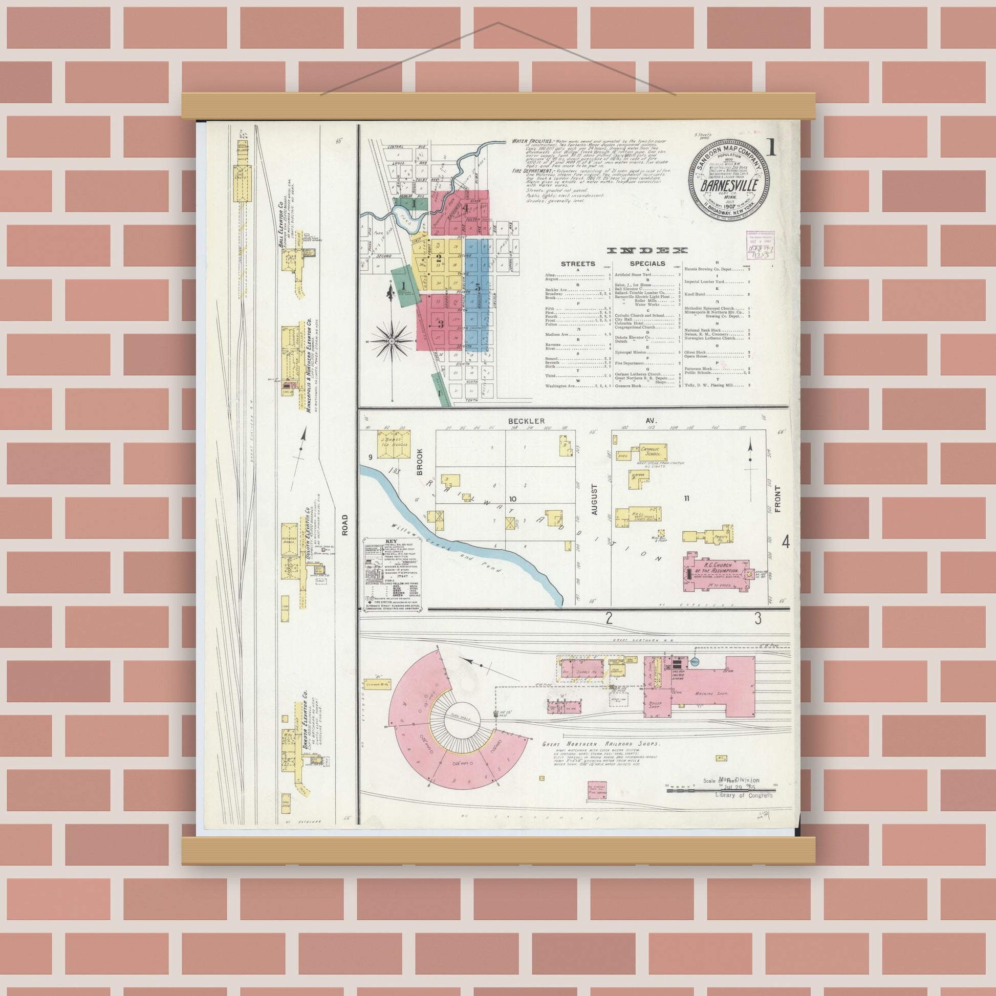 Old map wall art mockup — magnetic wood frame on brick wall — Sanborn Fire Insurance Map from Barnesville, Clay County, Minnesota (1907) - Complete Map Set