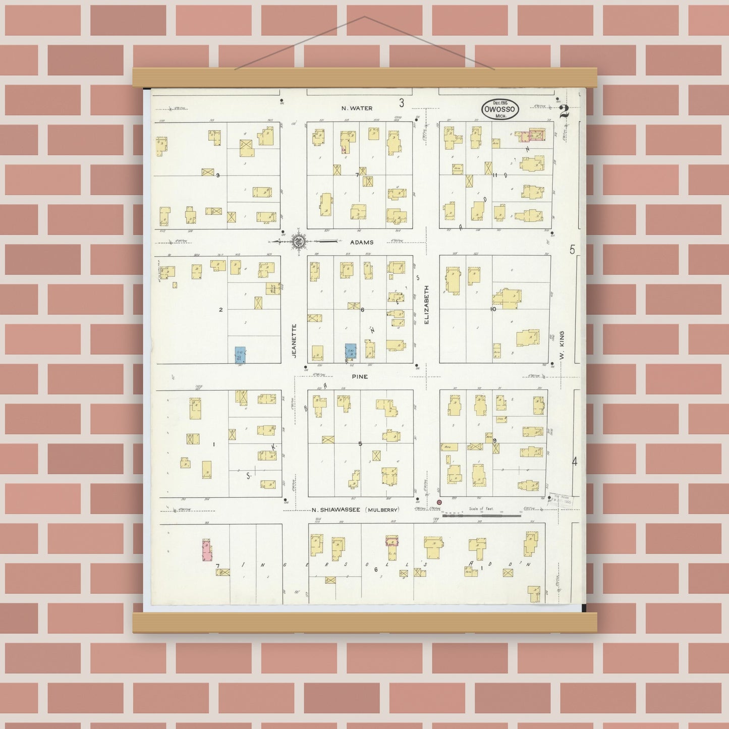 Old map wall art mockup — magnetic wood frame on brick wall — Sanborn Fire Insurance Map from Owosso, Shiawassee County, Michigan (1915), Sheet #0002