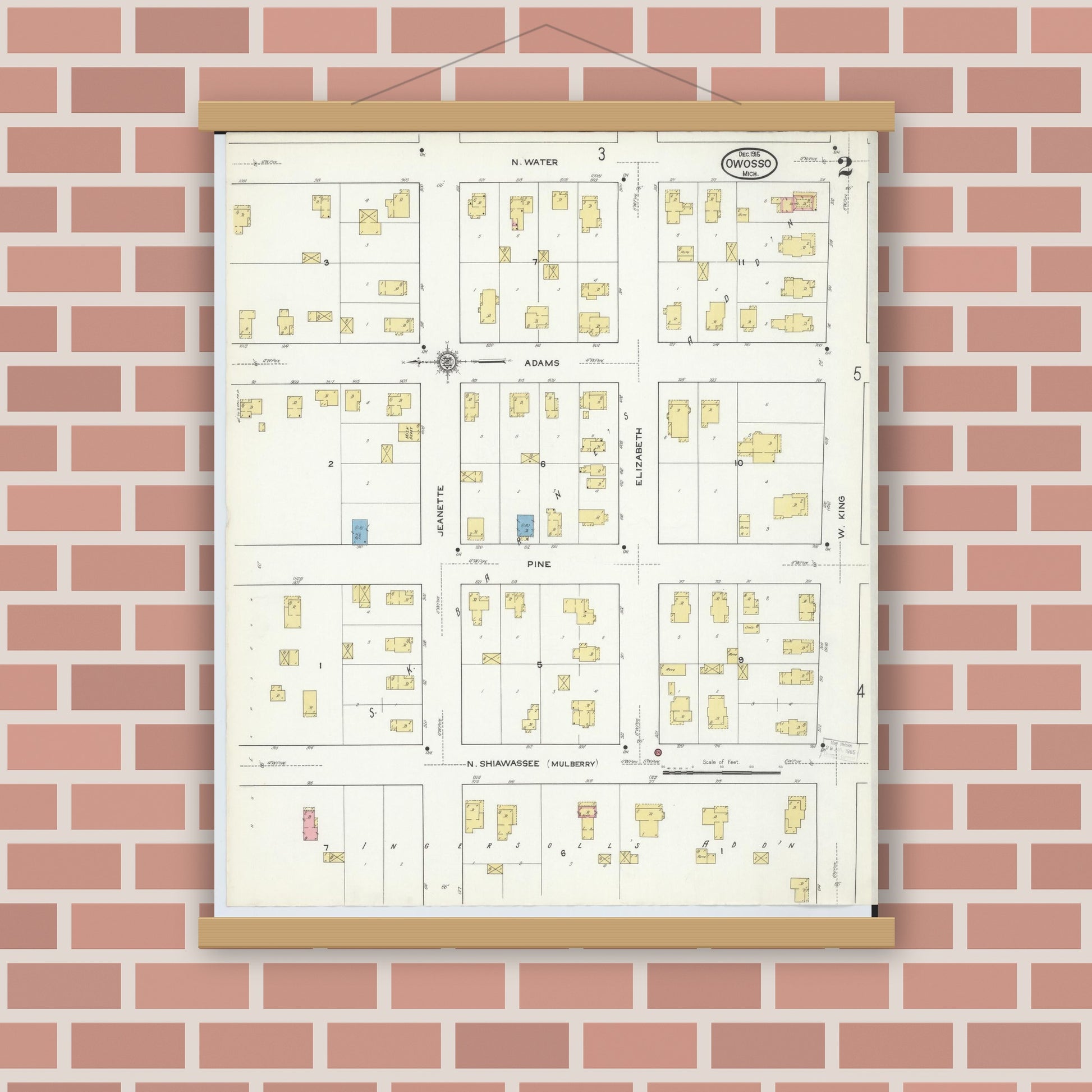Old map wall art mockup — magnetic wood frame on brick wall — Sanborn Fire Insurance Map from Owosso, Shiawassee County, Michigan (1915), Sheet #0002