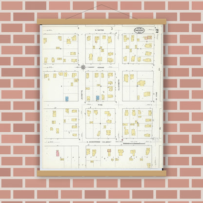 Old map wall art mockup — magnetic wood frame on brick wall — Sanborn Fire Insurance Map from Owosso, Shiawassee County, Michigan (1915), Sheet #0002