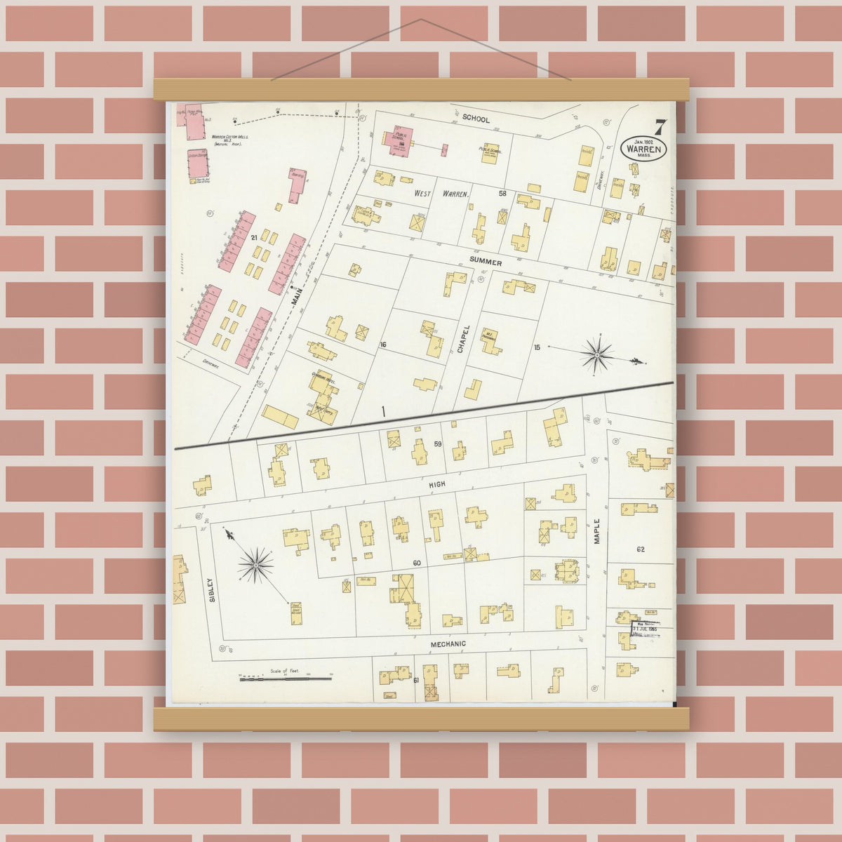 Old map wall art mockup — magnetic wood frame on brick wall — Sanborn Fire Insurance Map from Warren, Worcester County, Massachusetts (1902), Sheet #0007