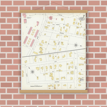 Old map wall art mockup — magnetic wood frame on brick wall — Sanborn Fire Insurance Map from Warren, Worcester County, Massachusetts (1902), Sheet #0007
