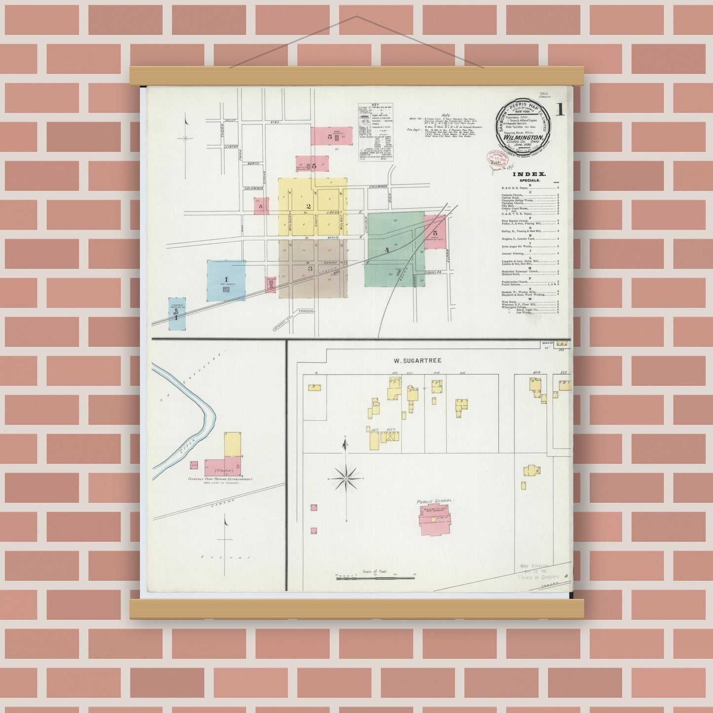 Old map wall art mockup — magnetic wood frame on brick wall — Sanborn Fire Insurance Map from Wilmington, Clinton County, Ohio (1895) - Complete Map Set