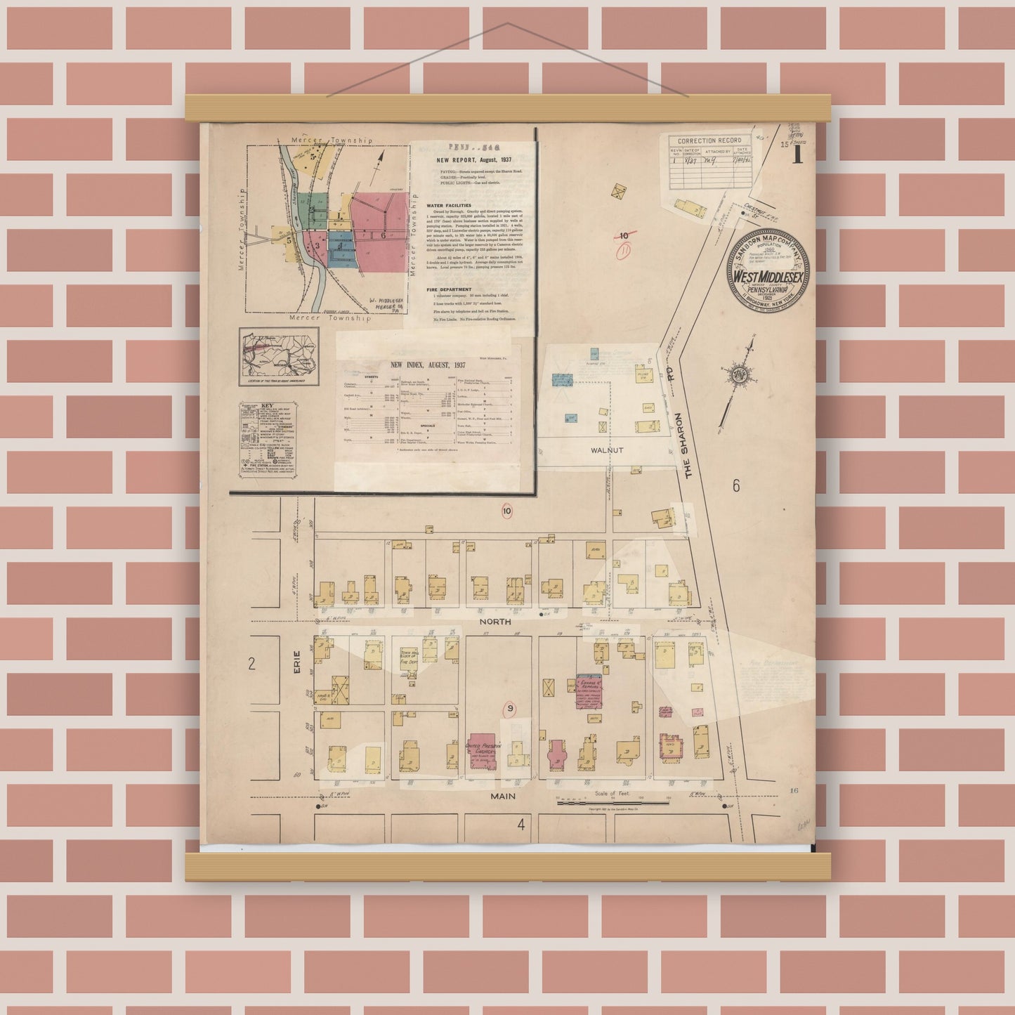 Old map wall art mockup — magnetic wood frame on brick wall — Sanborn Fire Insurance Map from West Middlesex, Mercer County, Pennsylvania (1937) - Complete Map Set