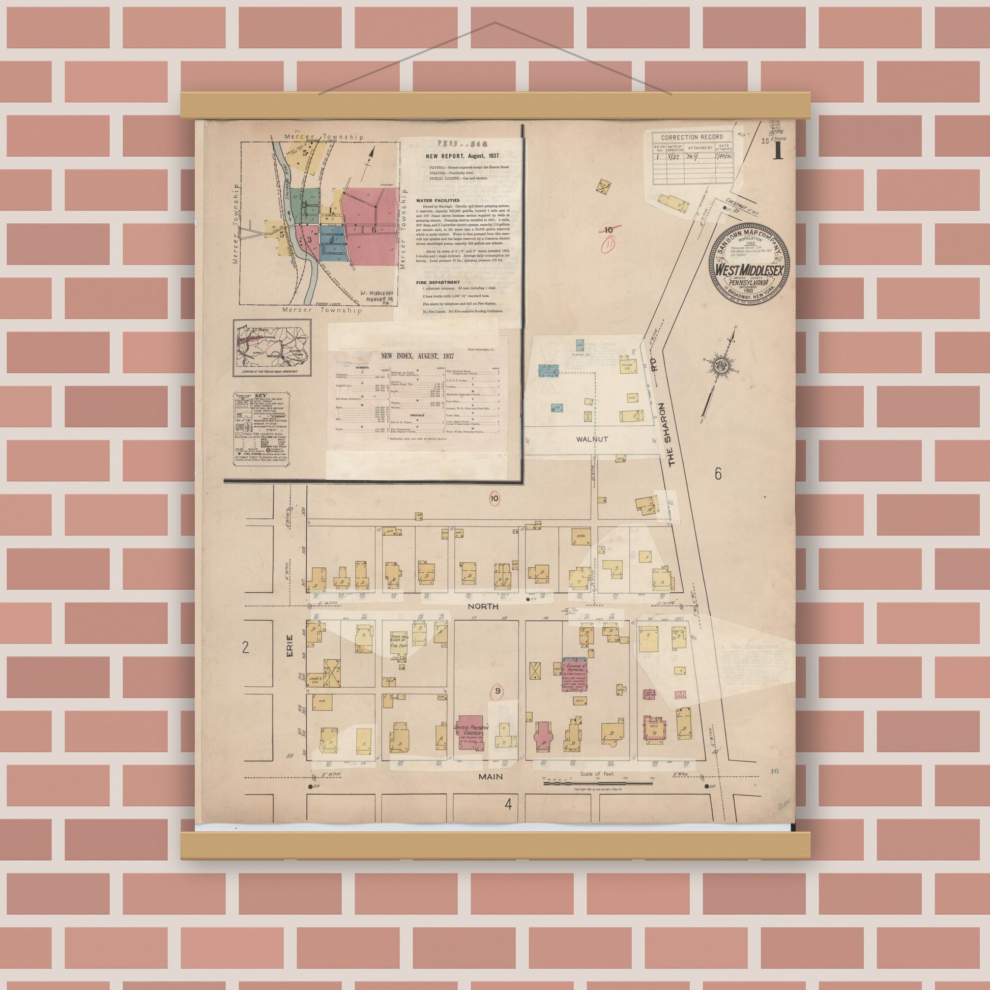 Old map wall art mockup — magnetic wood frame on brick wall — Sanborn Fire Insurance Map from West Middlesex, Mercer County, Pennsylvania (1937) - Complete Map Set