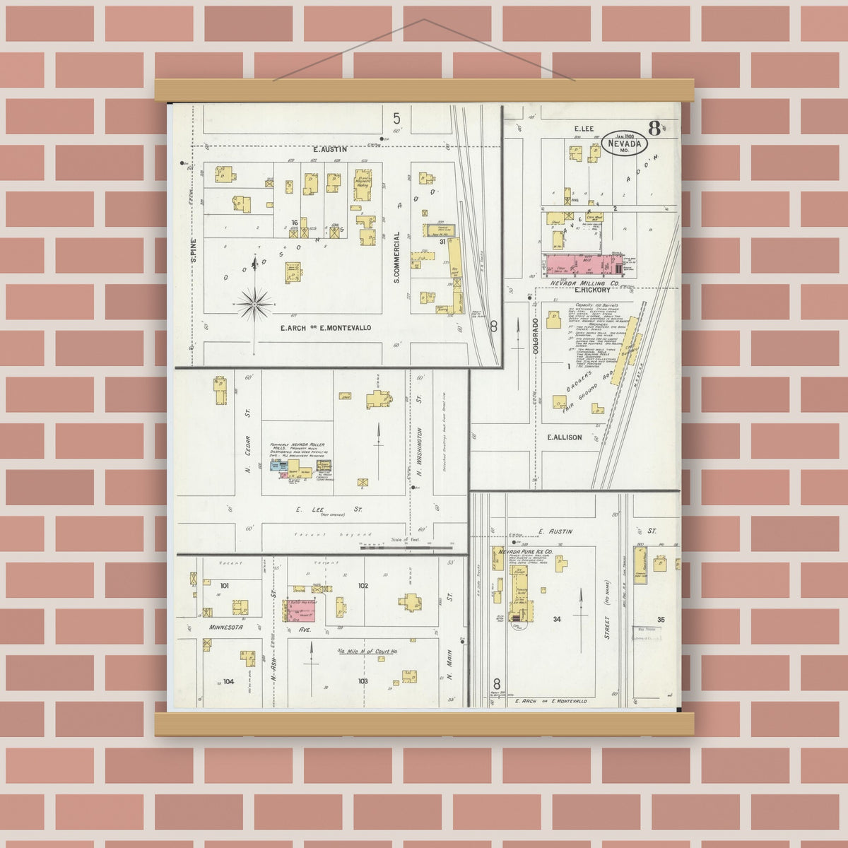 Old map wall art mockup — magnetic wood frame on brick wall — Sanborn Fire Insurance Map from Nevada, Vernon County, Missouri (1900), Sheet #0008