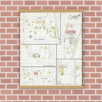 Old map wall art mockup — magnetic wood frame on brick wall — Sanborn Fire Insurance Map from Nevada, Vernon County, Missouri (1900), Sheet #0008
