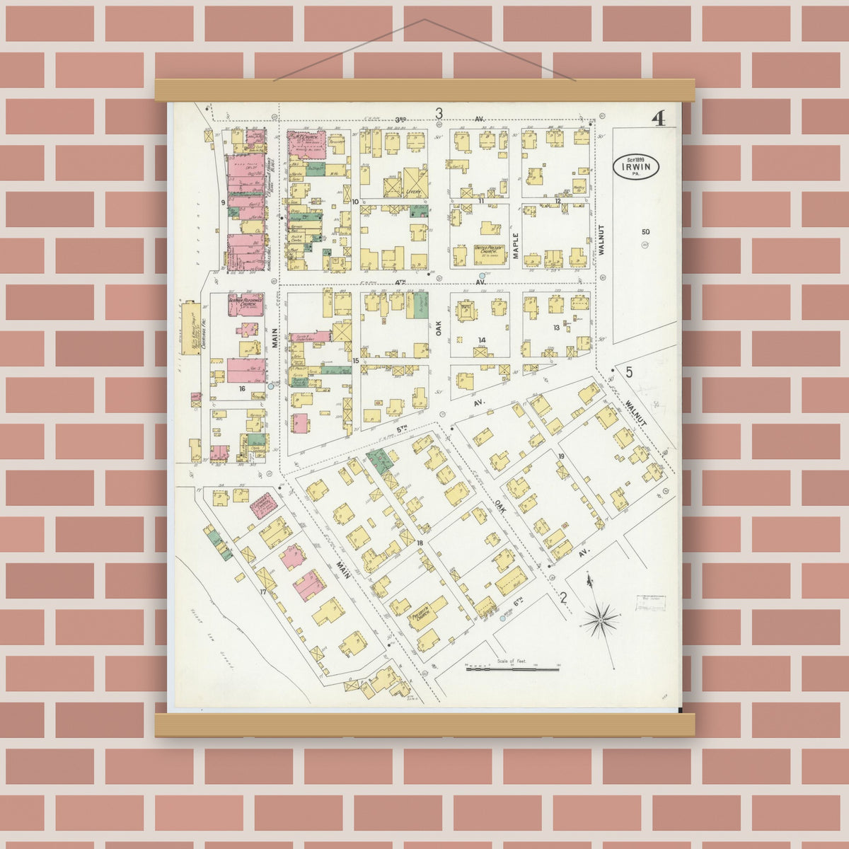 Old map wall art mockup — magnetic wood frame on brick wall — Sanborn Fire Insurance Map from Irwin, Westmoreland County, Pennsylvania (1899), Sheet #0004
