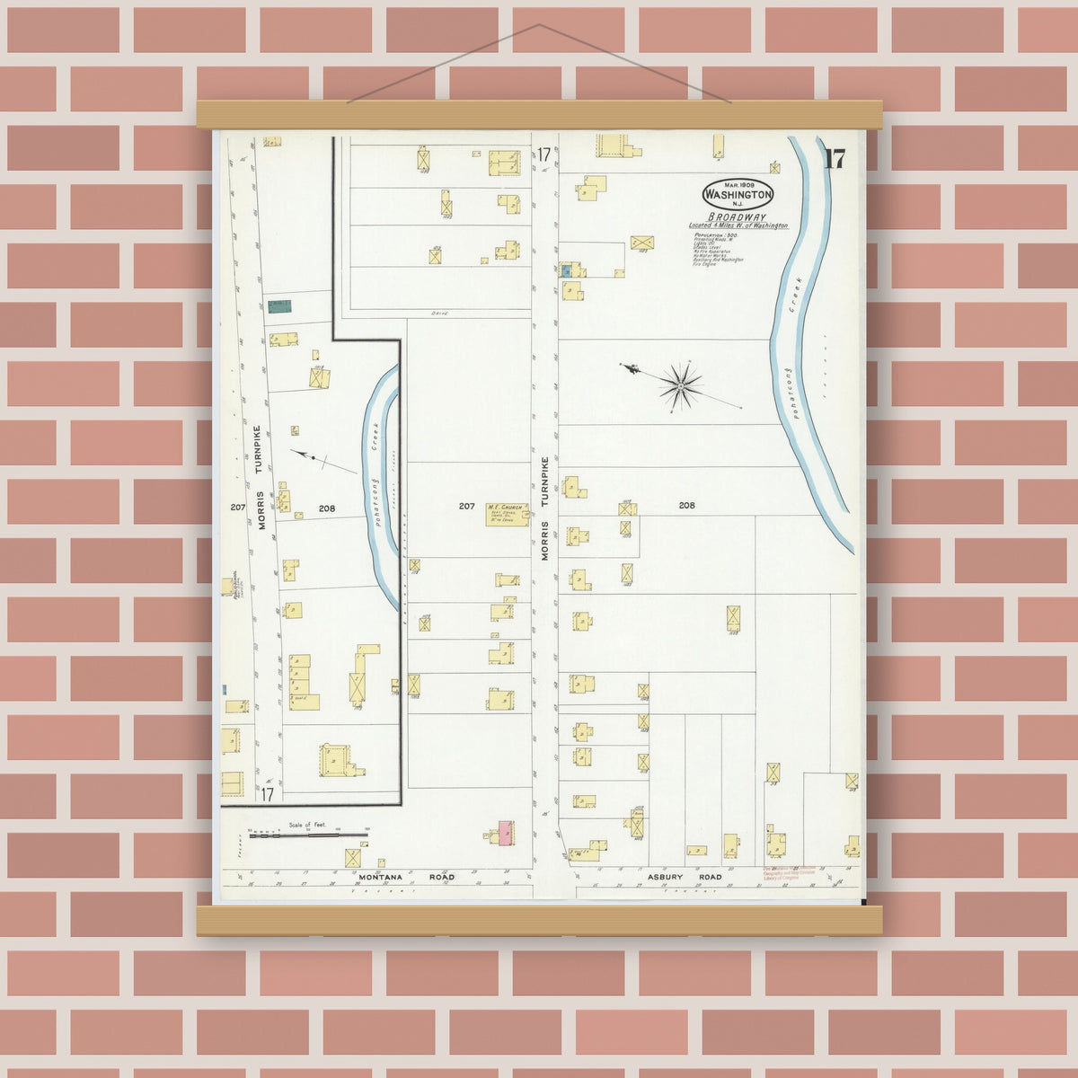 Old map wall art mockup — magnetic wood frame on brick wall — Sanborn Fire Insurance Map from Washington, Warren County, New Jersey (1909), Sheet #0017